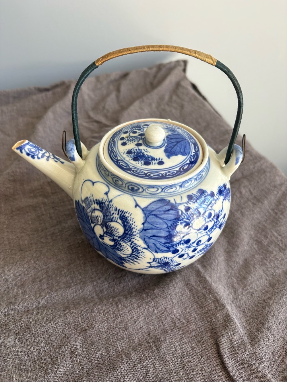 Blue and White Floral Ceramic Teapot with Handle